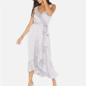 NWT Show Me Your Mumu Samantha Ruffle Wrap Dress Silver Luxe Satin Size Medium